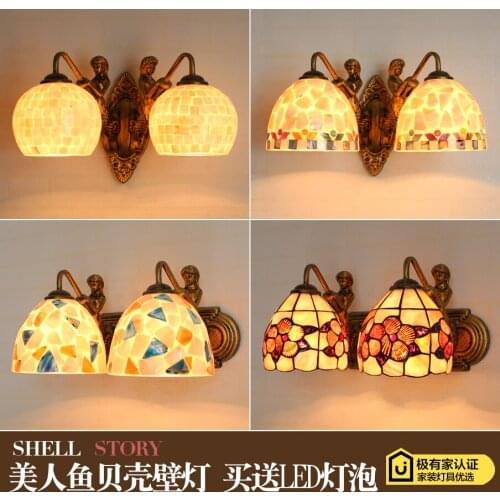 Mediterranean LED Tiffanylampe,Tiffany Mermaid Wall Lamp AC 110/220V E27 Shell Wall Lamps for Home Corridor Bedroom