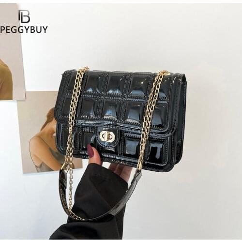 Fashion Women Checker Pattern Chain Patent PU Leather Shoulder Crossbody Messenger Bag Casual Ladies Small Purse Handbags