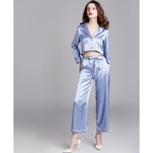 Wasteheart Summer Pink Red Womens Sleep Pajama Sets Sleepwear Bath Sexy Nightwear Suits Faux Silk 2 Pieces Sleep Sets Midriff