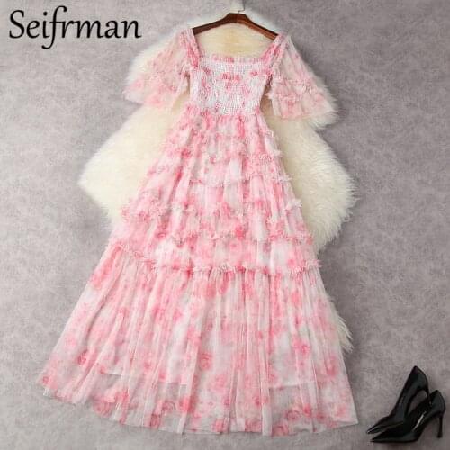 Seifrmann New 2021 Summer Women Fashion Runway Maxi Dress Short Sleeve Ruffles High Waist Big Swing Mesh Long Dresses Vestidos