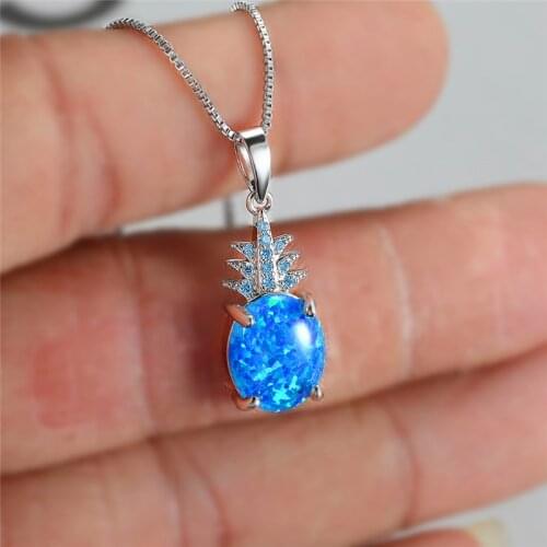 Boho Female Oval Opal Pendant Necklace Rose Gold Silver Color Chain Necklaces For Women Charm Crystal Pineapple Wedding Jewelry