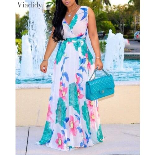 Floral Printed Sleeveless V Neck Wrap Tie Waist Maxi Dress Wome Summer Holiday Vacation Chiffon Long Dress