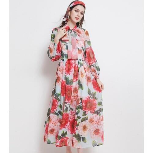 Summer Runway Long Chiffon Dress Women Bow Collar Lantern Sleeve Floral Print Holiday Party Elegant Maxi Dress k351