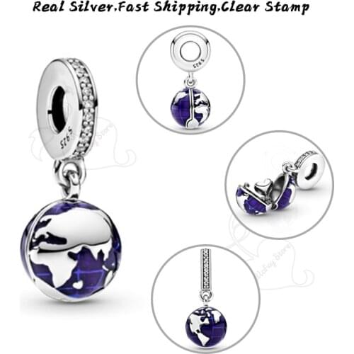 100% Real 925 Silver Sterling Blue Planet Dangles Charms Beads Fits Pdoras Bracelets Bangles Necklaces DIY Making