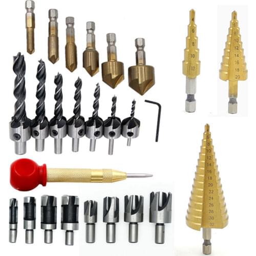 26 Pcs Woodworking Chamfer Drilling Tools Drill Bits Set Wood Plug Cutter Three Pointed Countersink Drill Bits With L-Wrench