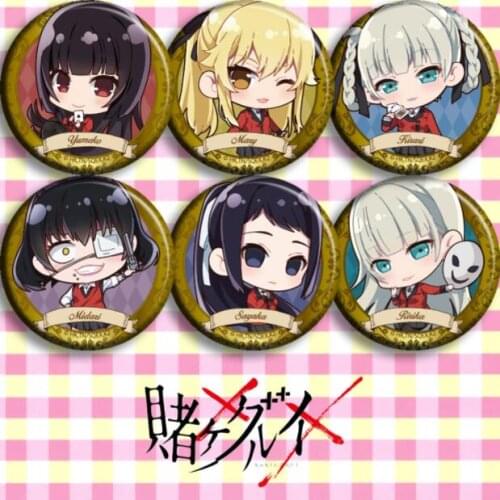 6pcs/1lot Anime Jabami Yumeko Momobami Ririka Sayaka Figure 4771 Badges Round Brooch Pin Gifts Kids Toy