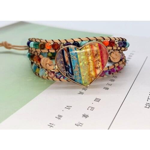 Colorful Beaded Natural Stone Love Bracelet Romantic Spiritual Chakra Leather Wrap Bracelets Mix Stone Bracelet Classic Jewelry
