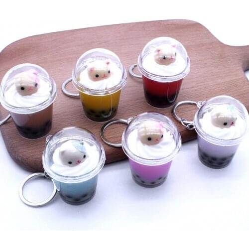 Cartoon Cute Cat Keychain Simulated Solid Cartoon Pearl Milk Cup Keychain Pendant Bag Decor Gift