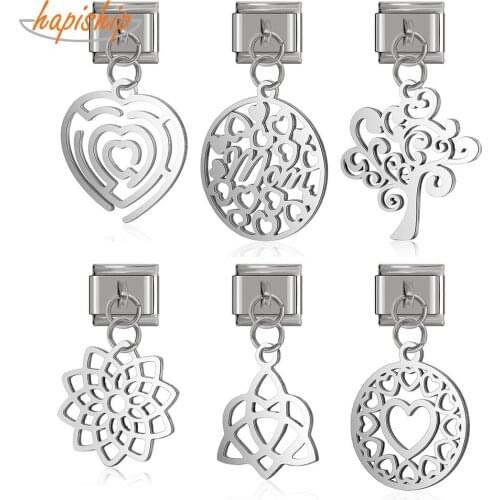 Hapiship Original Daisy Hollow Heart Tree Round Love Mom Charm Links Fit 9mm Bracelet Stainless Steel Jewelry DIY Making DJ237