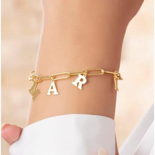 MumuXing 2021 Trend Womens Bracelet Customized Initial Letter Ornament Stainless Steel Bracelet Rectangle Chain Fashion Jewelry
