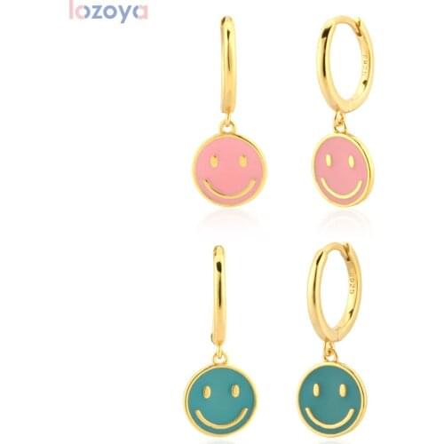 Lozoya 925 Sterling Silver Gold Party Girl Jewelry Light Pink Smiley Drop Earring Women Happy Face Fine Jewelry Clip Valentiens