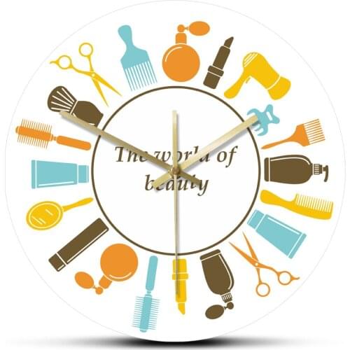 The World of Beauty Hair Salon Fashion Print Acrylic Wall Hanging Clock Hair Stylist and Makeup Tools Barber Shop Wall Art Watch