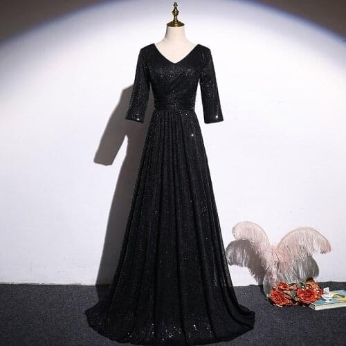 Sequins Fashion Evening Dress Deep V-Neck Simple A-Line Half Sleeves Pleat Black Floor-Length Party Formal Dresses Woman B1056