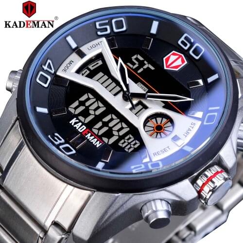 KADEMAN Luxury Mens Sports Watches LCD Digital Date Stopwatch Waterproof Quartz Clock Male Business Clock Steel Band Wristwatch
