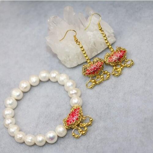 Natural 9-10mm white approx round pearl beads strand bracelet earring gold-color cloisonne high grade jewelry set 7.5inch B3026