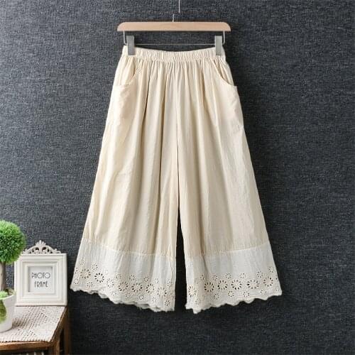 New Summer Literary Art Small Fresh Elastic Waist Lace Embroidery Wide-Leg Pants Cotton Loose Pants Women 2020
