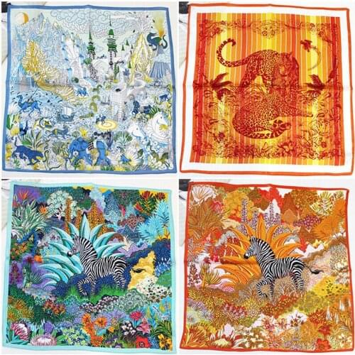 Luxury Small Scarf Bandana 100% Silk Shiny Kerchief Ethnic Tribal Print Neck Hair Turban Tie Band 53x53cm / 20.8 inches