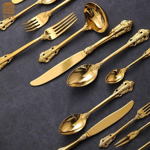 12pcs Luxury Gold Dinnerware set Retro Stainless Steel Flatware Wedding Festival Christmas Party Tableware Knife Fork Spoon set
