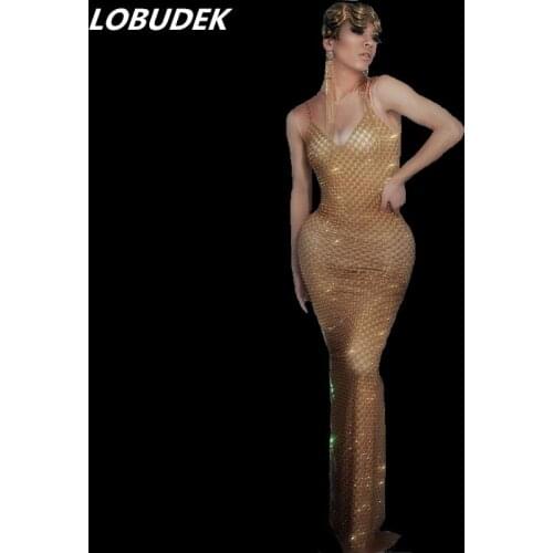 Sexy Sleeveless Gold Full Rhinestones Long Dress Women Singer Stage Wear Evening Party Host Performance Skinny One Piece Dress