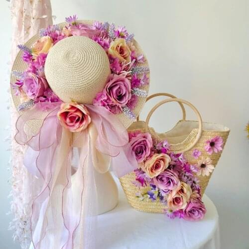 Women Straw Beach Bag Purple Artificial Flowers Handmade High-end Customized Rattan Totes Fashion Lady Holiday Handbag With Hat