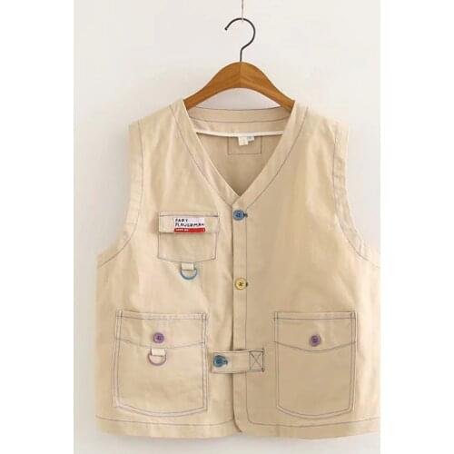 Japanese Mori Retro Loose Waistcoat Cute Sweet Girl Khaki Overalls Vest Women Quilted Vest