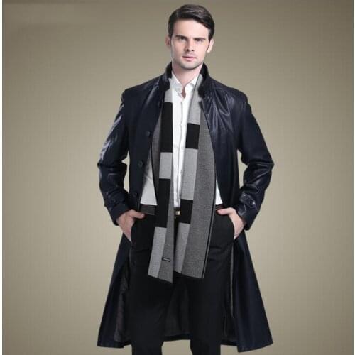 Black autumn stand collar casual leather coats men slim single-breasted long coat mens leather trench coats fashion M - 3XL