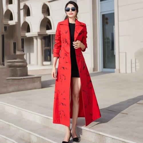 New Spring Autumn Trench Coat Long Fashion Lapel Red Print Female Outwear 2021 England Style Windbreaker Womens Coat
