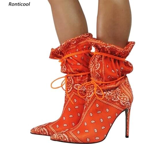Ronticool 2021 Fashion Women Ankle Boots Stiletto High Heels Pointed Toe Gorgeous Orange Club Wear Shoes Women Plus US Size 5-15