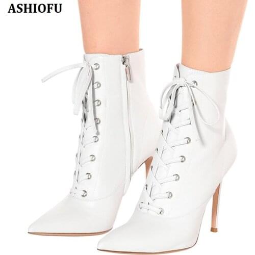ASHIOFU Handmade New Ladies High Heel Boots Shoelace Ballets Toe Ankle Boots Party Prom Evening Fashion Short Boots Shoes