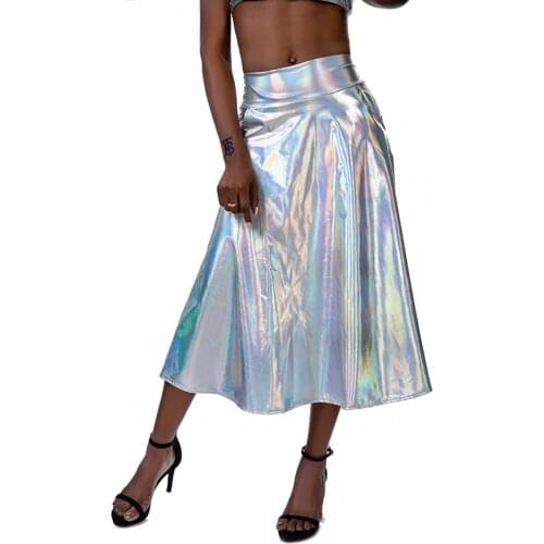 Women Pleated Bright Leather Midi Skirts High Waist A line flared Pocket Streetwear Chic Skirt Night club bar dance disco Skirt