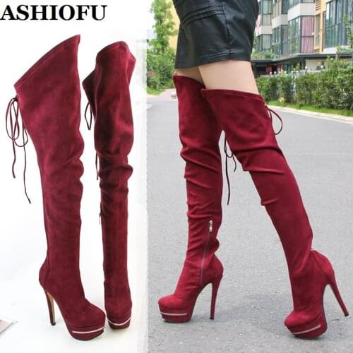 ASHIOFU 2020 New Hot Style Ladies Thigh High Boots Shoelace Sexy Night-club Party Over Knee Boots Platform Evening Fashion Boots