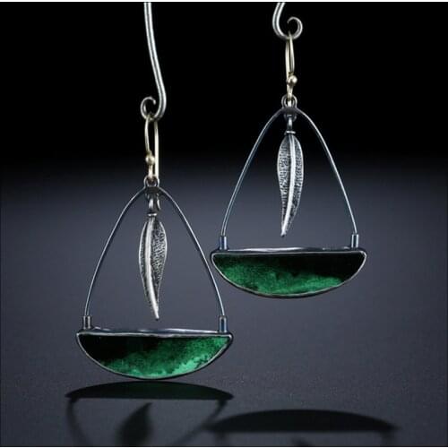 Delicate Metal Leaf Feather Green Stone Drop Earrings for Women Vintage Triangle Lock Shaped Handmade Statement Dangle Earring