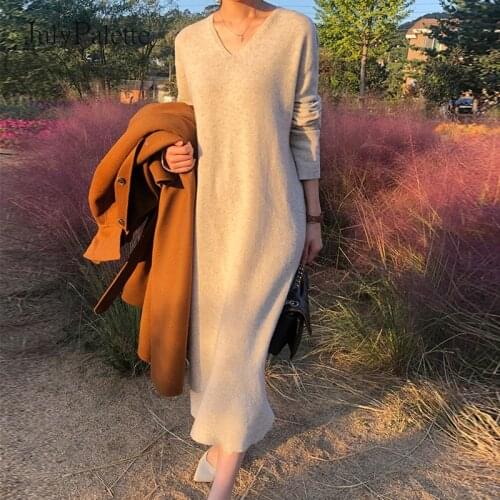 JulyPalette Straight Women Knitted Sweater Dress Female Long Sleeve Wool Dress Autumn Winter Casual Solid Loose Knit Dress 2020