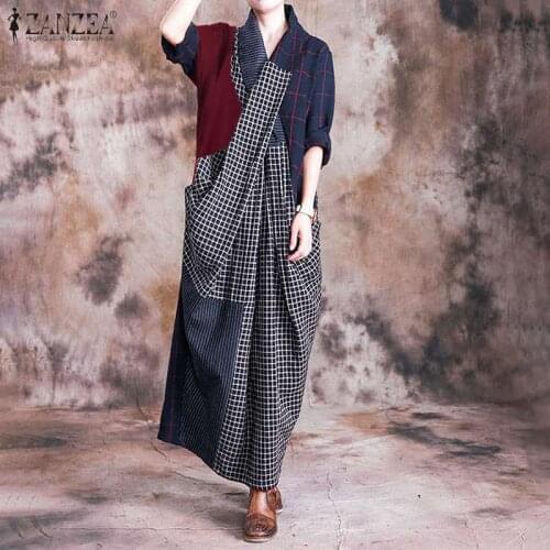 Women Vintage Patchwork Long Dress ZANZEA Spring V neck Long Sleeve Plaid Check Sundress Kaftan Loose Maxi Vestido