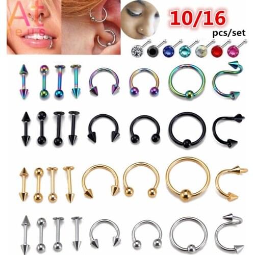 Stainless Steel 10/16pcs Eyebrow Bar Lip Rhinestone Nose Piercing Ear Studs Silver Mix Body Jewelry Fashion Punk Piercing Set