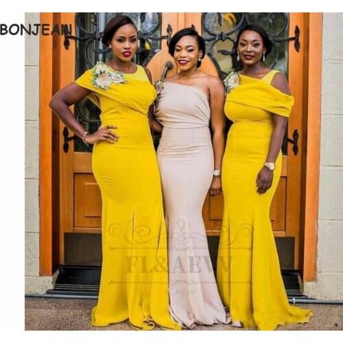 2021 Yellow Bridesmaid Dresses Mermaid Cap Sleeves South African Elastic Satin Lace Up Black Girls Bridesmaid Dress