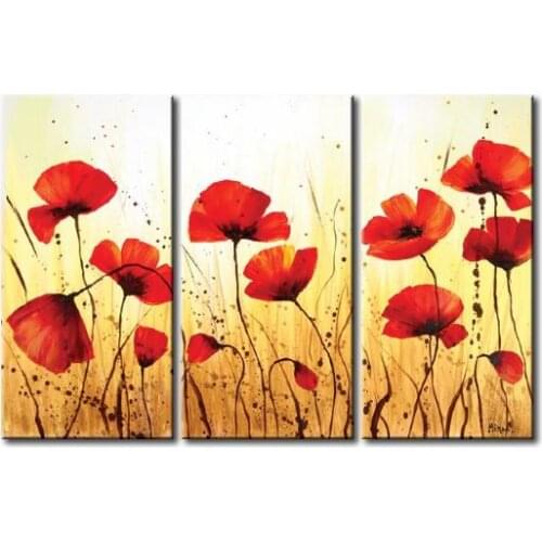 3 Piece Hand Painted Red Poppy Flower Oil Painting Canvas Wall Art Decorative Picture Painting on Canvas for Living Room