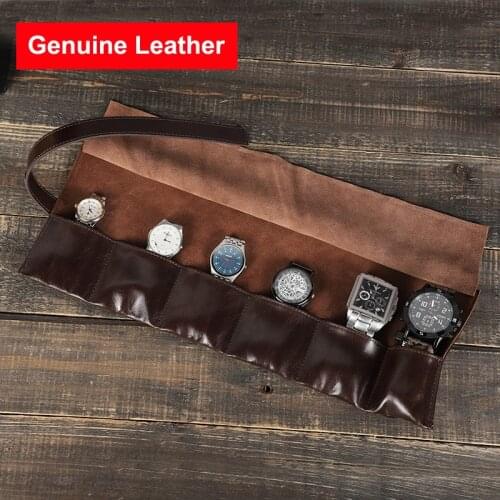 Genuine Leather Watch Roll Case 6 Slot Oil Nubuck Cowhide Watch Box Watches Storage Bag Travel Wristwatch Pouch Organizer Holder
