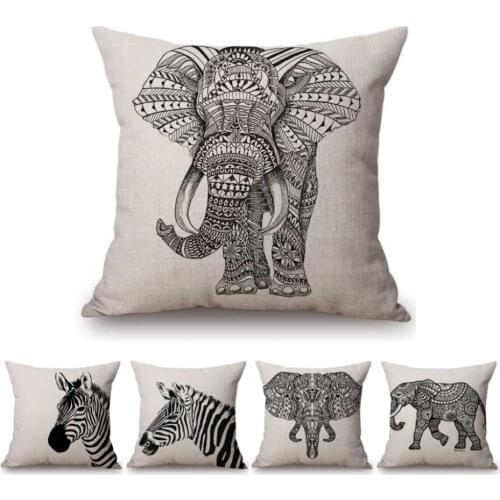Black White Africa Animals Elephant Zebra Nordic Sofa Throw Pillow Case For Home Decoration Office Cotton Linen Cushion Cover