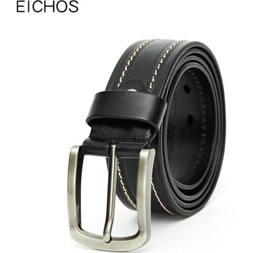 EICHOS New First Layer Cowhide Belt Pin Buckle Belt Men Women 2018 Casual Business Mens Black Genuine Leather Belt 105-130cm