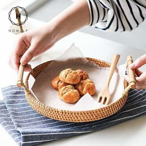Homlly Round Rattan Serving Tray Platter with Handle