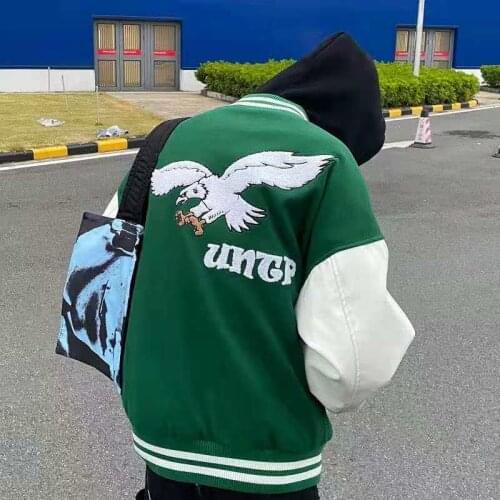 American Hip Hop Green Patchwork Chic Back Eagle Embroidery Men Jacket Women Long Sleeve Single Breasted Baseball Uniform Autumn