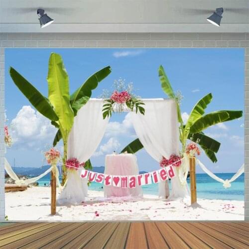 Summer Beach Side Wedding Photography Backdrops Arched Leaves Door Blue Sky Outdoor Marriage Scenic Backgrounds For Photo Studio