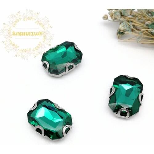 Malachite green Rectangle Glass Crystal sewing rhinestones with silvery D shape claw Diy wedding dress accessories Free shipping