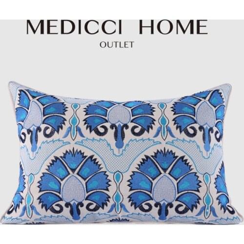 Medicci Home Decorative Embroidered Chinese Oriental Pillowcase Cushion Cover Blue And White Porcelain Lumbar Pillow Case 30x50