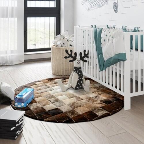 PP cotton filling thicken version round shaped cowhide skin fur rug, brown color handmade cowhide leather patchwork floor mat