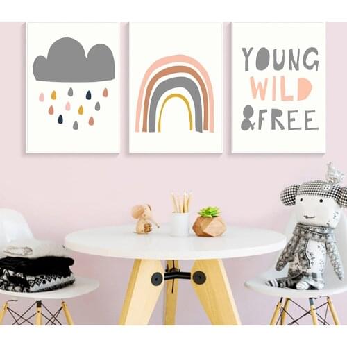 Young Wild And Free Quotes Print Cloud Rainbow Wall Art Posters Nursery Canvas Painting Nordic Poster Picture Kids Room Decor