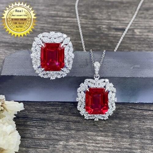 Real 18K Gold ring Lab Created 4ct Ruby and Moissanite Diamond Ring With national certificate Ru-001