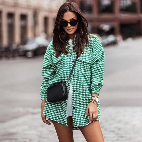Autumn Women Houndstooth Vintage Shirt Loose Casual Long Sleeve Lapel Fashion Shirts 2021 Winter England Style Plaid Shirt Coat