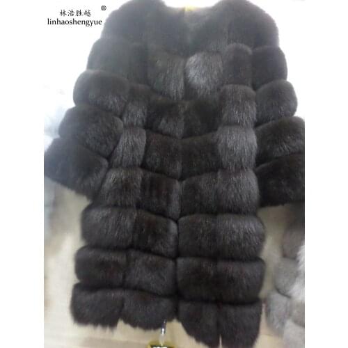 Linhaoshengyue 100CM Length Genuine Natural Fox Fur Coat with Sleeve